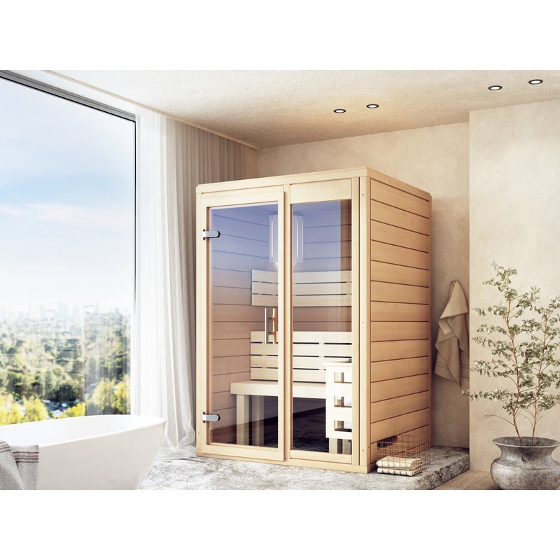 FinA Wellness Frieda Mini sauna - compact solid wood sauna with glass front, set up in a light-flooded room with a view