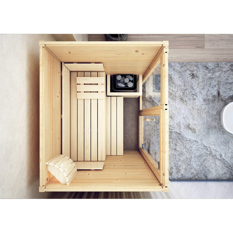 FinA Wellness Frieda Mini Sauna - view of the interior layout with heater, bench and backrest